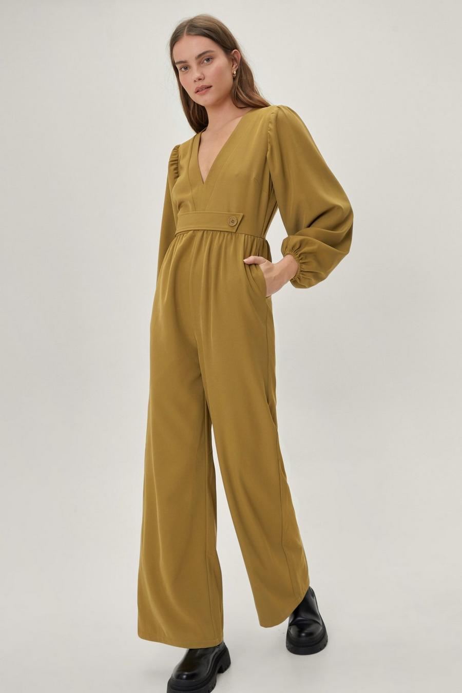 Belted Detail Puff Sleeve Wide Leg Jumpsuit